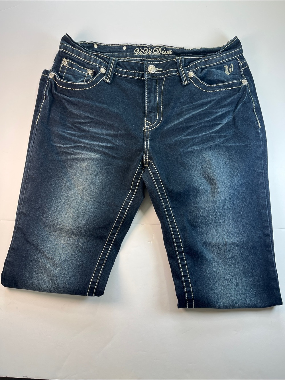 ViVi Diva Dark Wash Denim with fading and jeweled pockets Sz 14